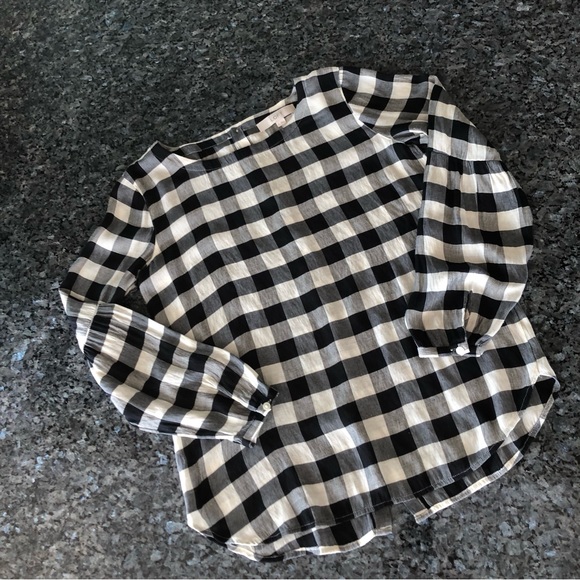 LOFT Black & White Buffalo Check Plaid Long Sleeve Blouse - Picture 3 of 12